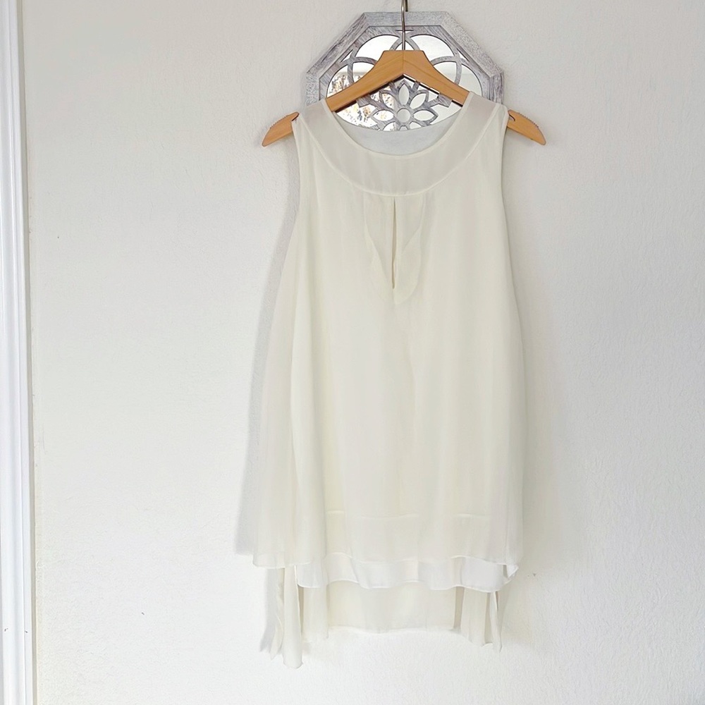 Ivory Layered Chiffon Sleeveless High Low Tunic Blouse Flowy Top